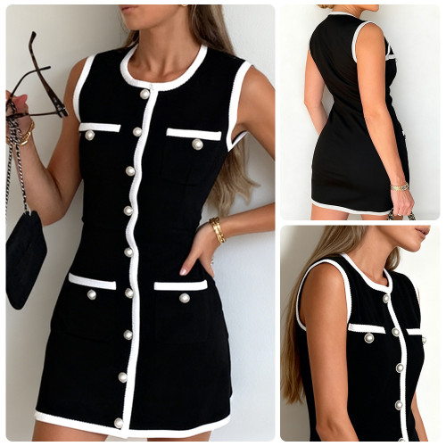 Knitted pearl button sleeveless vest short skirt dress