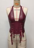 PU leather neck hanging sexy strap tight waistband vest top