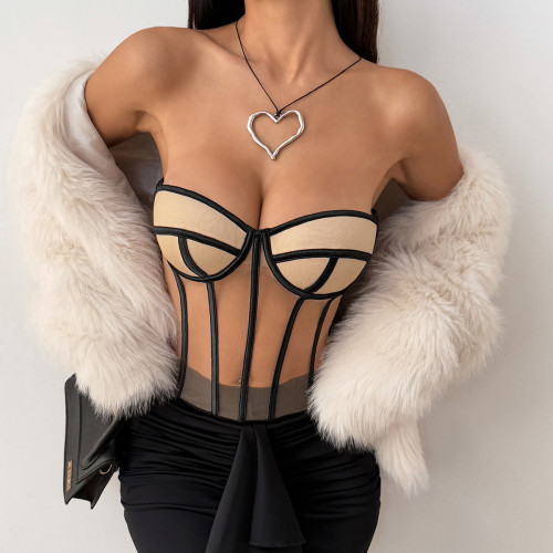 Tight fitting see through chest hugging strapless top with steel ring buckle and cinched waist