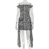 Leopard print strap wrapped hip skirt with slanted collar and sleeveless short dress
