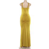Cross neck solid color pleated fish tail dress