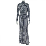 Hollow out design striped hip skirt hanging neck collar long sleeved printed dress