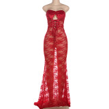 Strapless strap, see through hip hugging lace patchwork long skirt