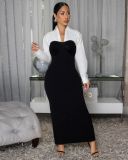 Collar shirt long sleeved patchwork bag hip slit long skirt