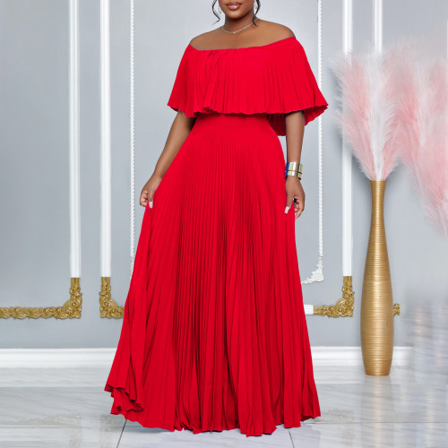 One neck off shoulder pleated long skirt C8594