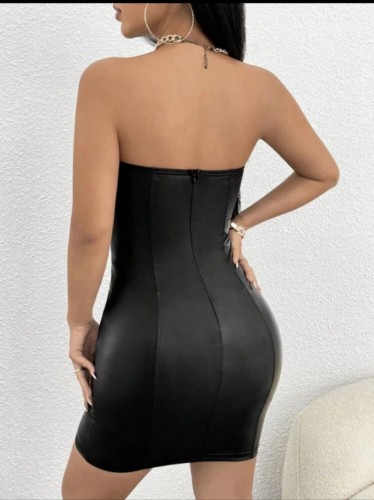 Strapless tight PU leather strap dress