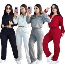Embroidered letter zipper sweatshirt, multi pocket wide leg pants, sports suit