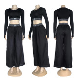 Long sleeved crop top, high waist straight leg wide leg pants set