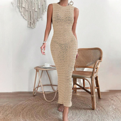 Hollow knit long skirt with suspender and backless dress