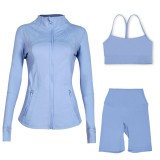 Sports slimming yoga suit, stand up collar jacket, Y-shaped vest, five piece pants, three piece set