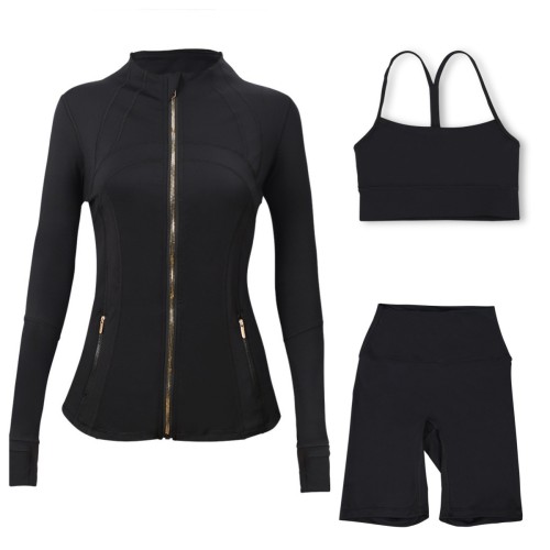 Gold zipper sports slim yoga suit, stand up collar jacket, Y-shaped vest, five piece pants, three piece set