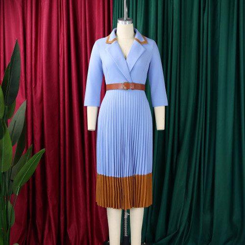 Suit collar color blocked pleated plus size dress