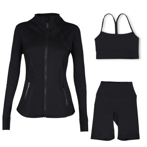 Sports slimming yoga suit, stand up collar jacket, Y-shaped vest, five piece pants, three piece set
