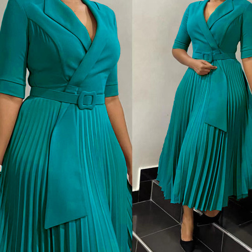 Suit collar pleated waist cinched plus size dress