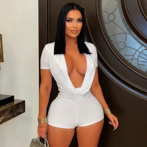 Deep V-neck short sleeved tight jumpsuit shorts