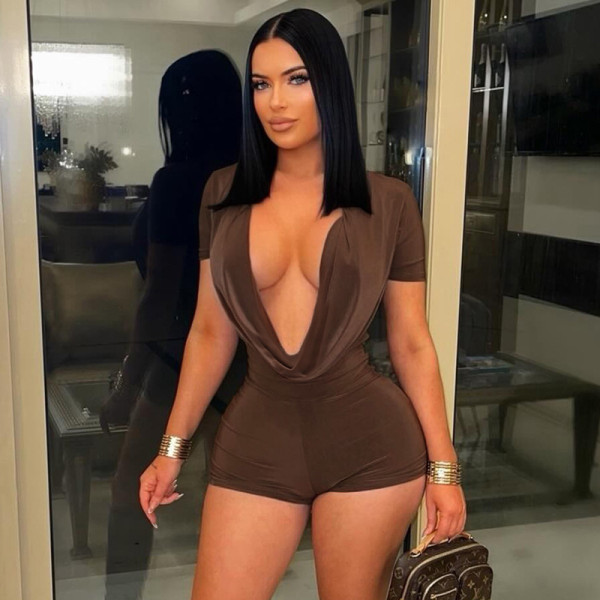 Deep V-neck short sleeved tight jumpsuit shorts