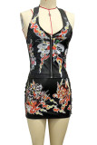 PU Leather Neck Strap Tight Waist Printed Set