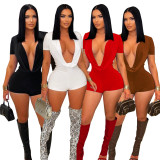 Deep V solid color waist bag hip shorts jumpsuit