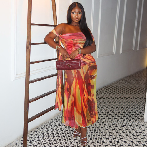 Printed pleated bag hip skirt strapless slanted neck vacation long dress