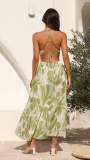 V-neck backless lace up printed large swing long dress