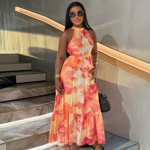 Printed waist cinching A-line skirt round neck sleeveless long dress