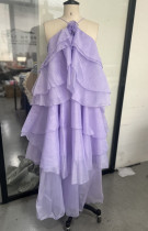 Three dimensional flower hanging neck, backless lotus leaf edge long skirt