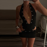 Hollow out design metal hanging neck top, hip hugging short skirt set