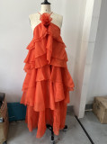 Three dimensional flower hanging neck, backless lotus leaf edge long skirt