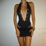 Hollow out design metal hanging neck top, hip hugging short skirt set