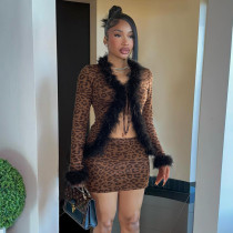 Leopard print V-neck tied cardigan short hip hugging skirt