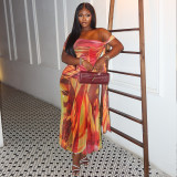 Printed pleated bag hip skirt strapless slanted neck vacation long dress