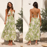 V-neck backless lace up printed large swing long dress