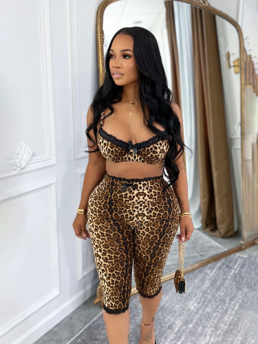 Leopard print bra lace lace lace cropped cropped cropped pants set