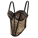 Leopard pattern patchwork bra strap lace see through outer fishbone bra