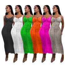Solid color knitted hollow suspender beach skirt