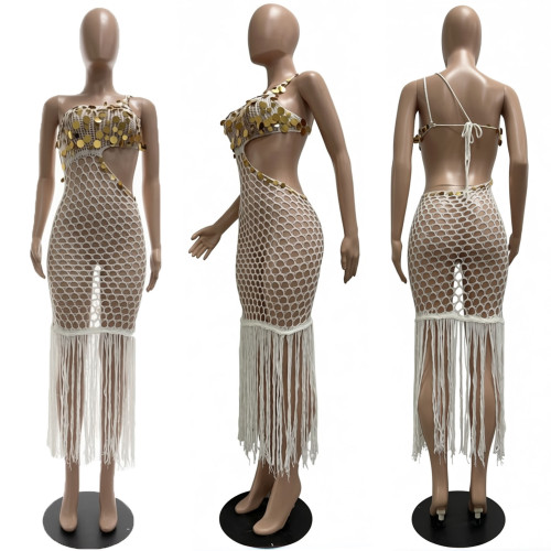 Knitted hand hook perspective sequin fringe strap beach skirt