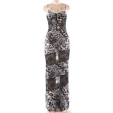 Strap leopard print lace patchwork see through dress