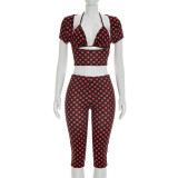 Hanging neck bikini top, polka dot top, pleated and hip hugging pants, three piece set J26ST079