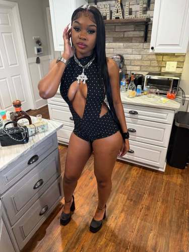 Hanging neck and backless printed jumpsuit with polka dot elastic jumpsuit