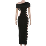 Slanted shoulder collar sleeveless side hollowed out hip hugging dress