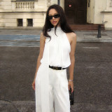 Chiffon see through ribbon sleeveless round neck floral bud top