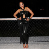 Open navel hanging neck tie backless long jumpsuit