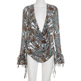 Halo leopard print swing collar long sleeved backless top with drawstring shorts two-piece set