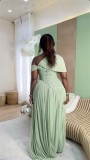 Slant collar pleated lace up waist cinching long short sleeved dress