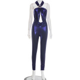 Open navel hanging neck tie backless long jumpsuit