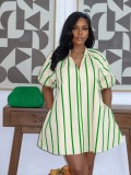 V-neck bubble sleeve striped loose short dress