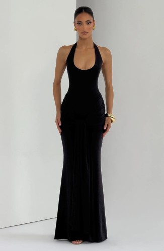 Banded patchwork camisole long dress, hip hugging and neck hanging formal dress