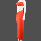 Hollow metal decoration, exposed navel, chest wrapped, backless long skirt two-piece set