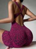 Seamless leopard print cross strap one-piece shorts yoga suit