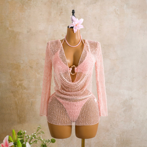 Swinging collar sequin long sleeved mesh three piece swimsuit